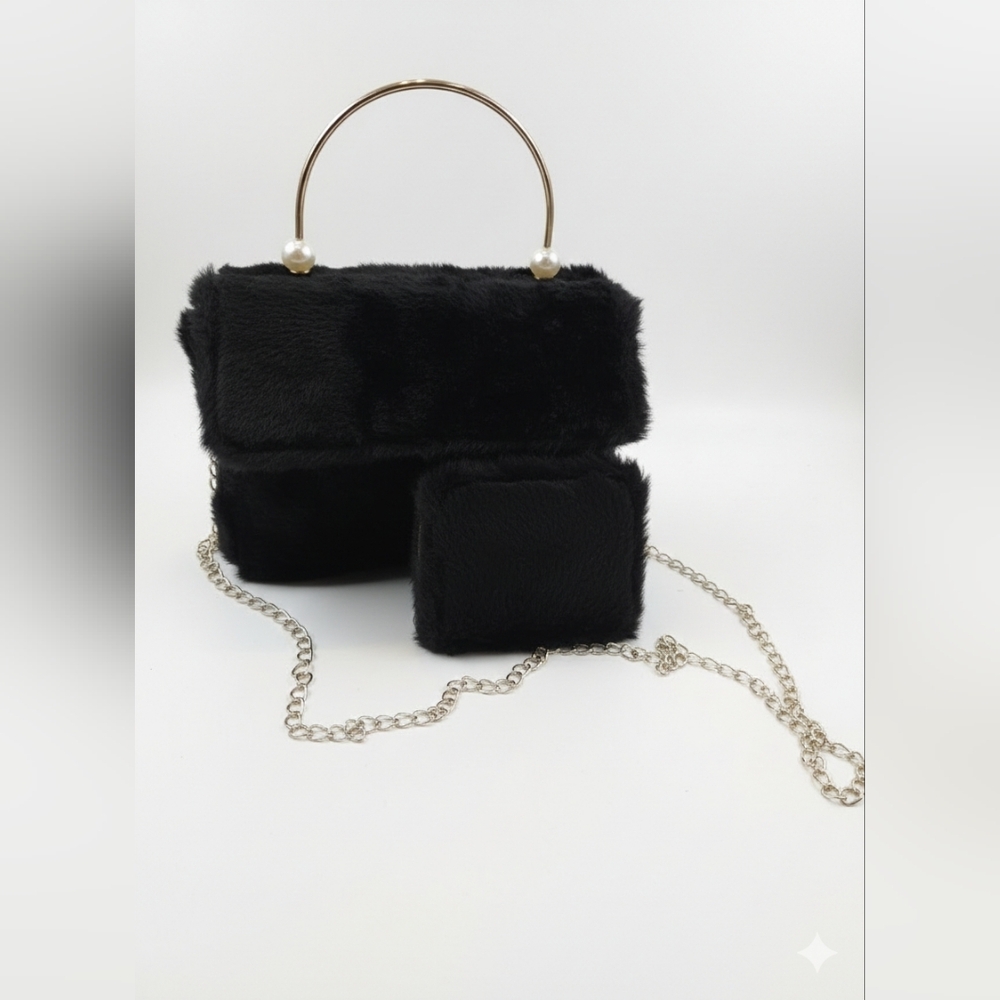 2 For‎ $20 Black Faux Fur Small Purse With Matching Fur Wallet.